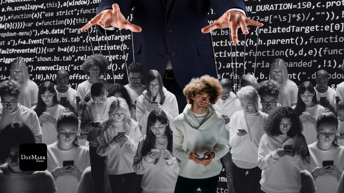 people addicted to their phone being controlled by a puppeteer